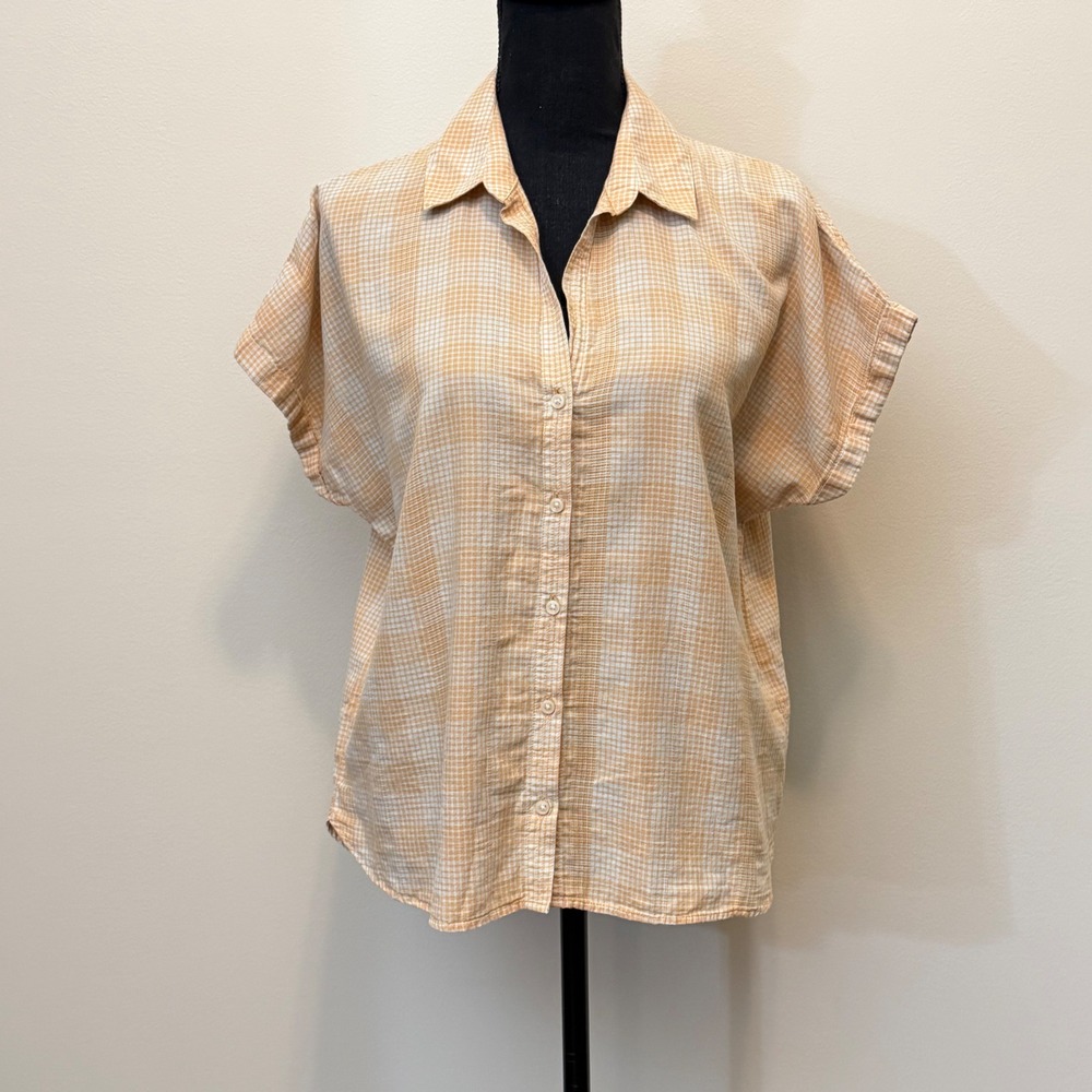 Patagonia Women M Orange Gray Gingham Organic Cotton Hemp Button Down Shirt Boxy